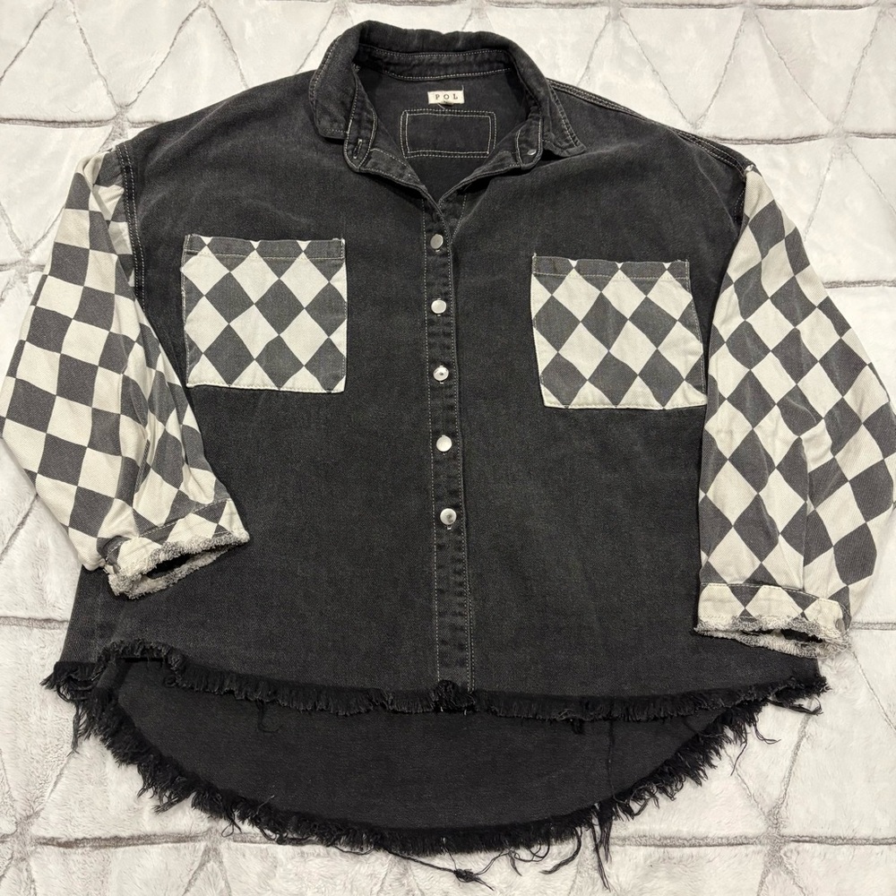 POL Sz M Black Button Up Distressed Shirt Jacket Oversized Long Sleeve Grunge